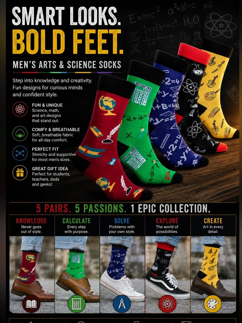 Men's Arts & Science Crew Socks - 5-Pack (Red, Green, Blue, Black, Yellow)